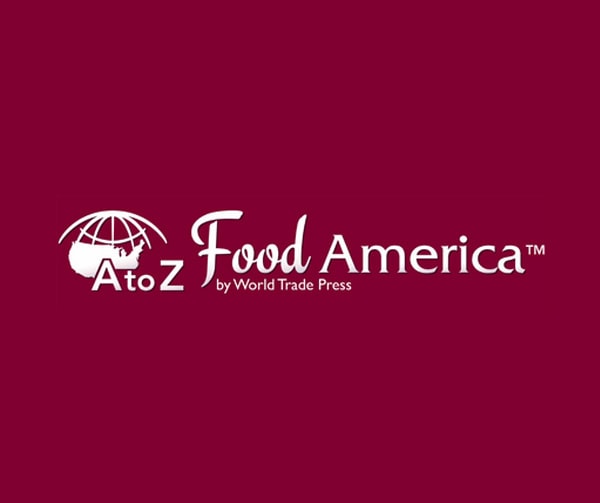 Logo for AtoZ Food America by World Trade Press, featuring a globe with the US highlighted and stylized white text on a maroon background.