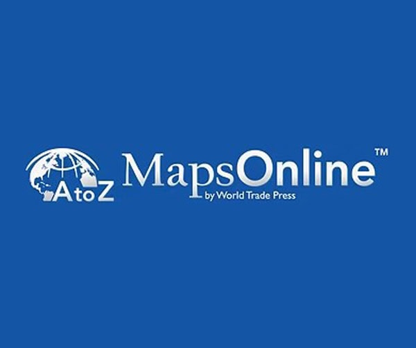 A blue background with the AtoZ Maps Online by World Trade Press logo, featuring a globe beside the text.