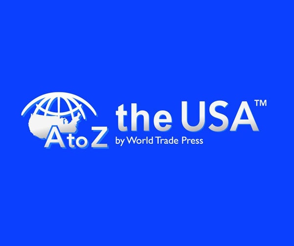 White logo with a globe and the outline of the USA, text reads “AtoZ the USA™ by World Trade Press” on a bright blue background.