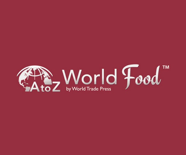 Logo for AtoZ World Food by World Trade Press, featuring a globe graphic and stylized text on a maroon background.