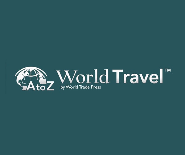 Logo for AtoZ World Travel by World Trade Press, featuring a white globe graphic and text on a dark teal background.
