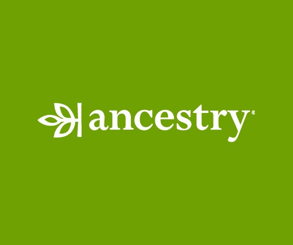 White ancestry logo with a stylized leaf icon on the left, centered on a green background.