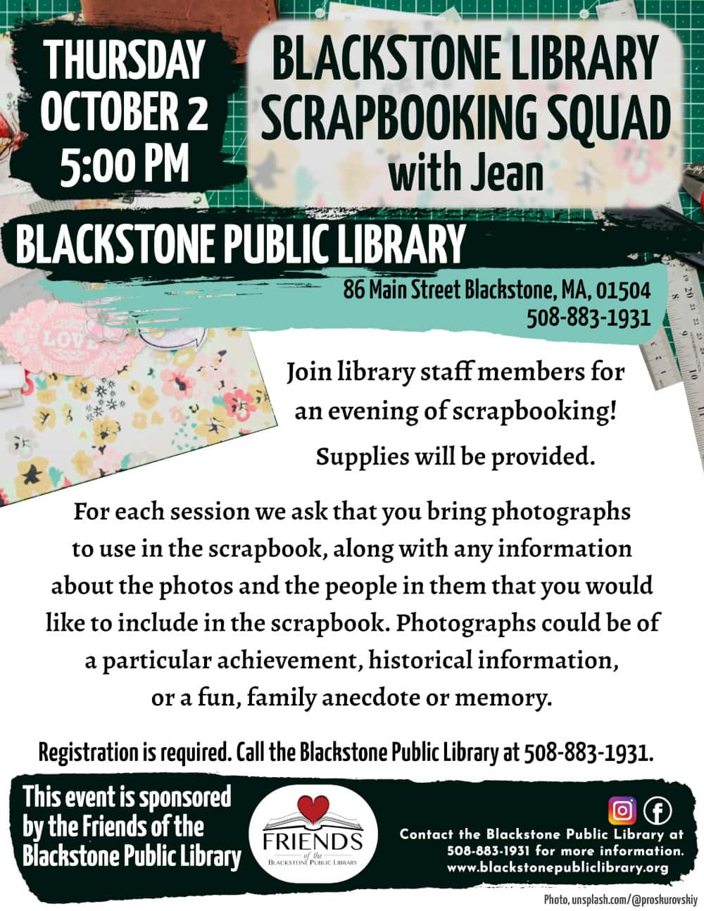 Flyer for a scrapbooking event at Blackstone Public Library on Thursday, October 2, at 5:00 PM. Includes event details, supply info, and contact information, with a Friends of the Library logo at the bottom.