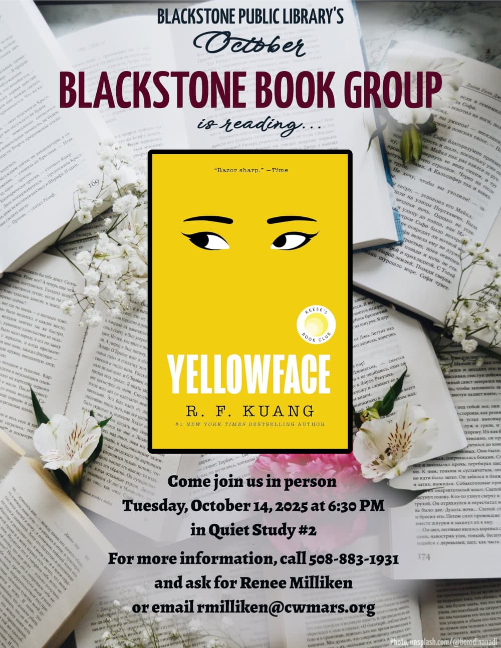 Poster for Blackstone Public Library’s October book group featuring Yellowface by R.F. Kuang. Event info: Oct 14, 2025, 6:30 PM, Quiet Study #2. Contact info and image of the book cover over open books and daisies.