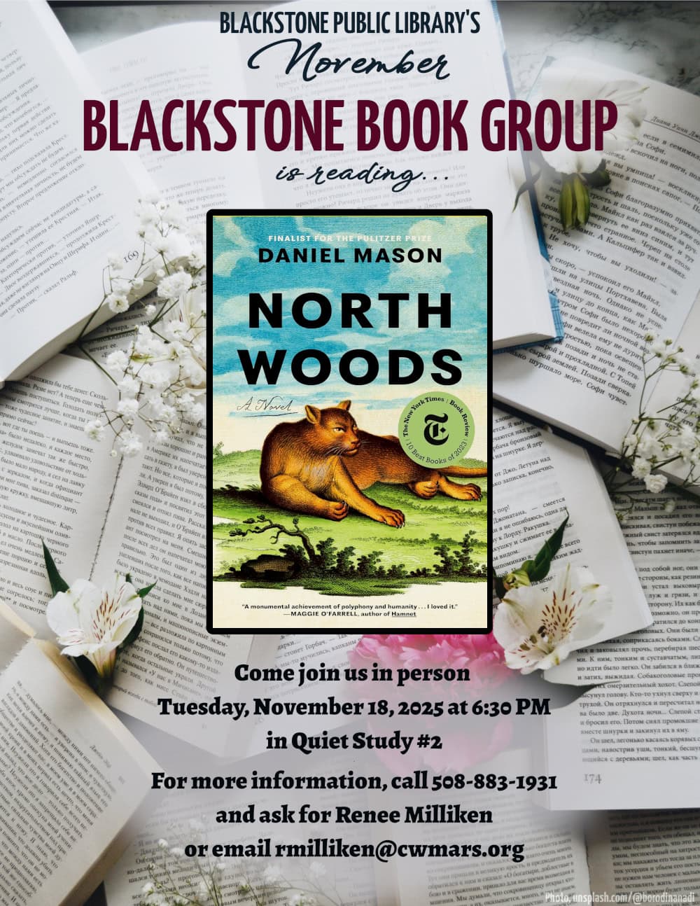 Blackstone Public Library’s November Blackstone Book Group is reading "North Woods," a novel by Daniel Mason.
Come join us in person Tuesday, November 18, 2025 at 6:30 PM in Quiet Study #2.
For more information, call 508-883-1931 and ask for Renee Milliken or email rmilliken@cwmars.org.
Book cover features a mixed media illustration of a mountain lion resting on a grassy hill against a soft blue sky.