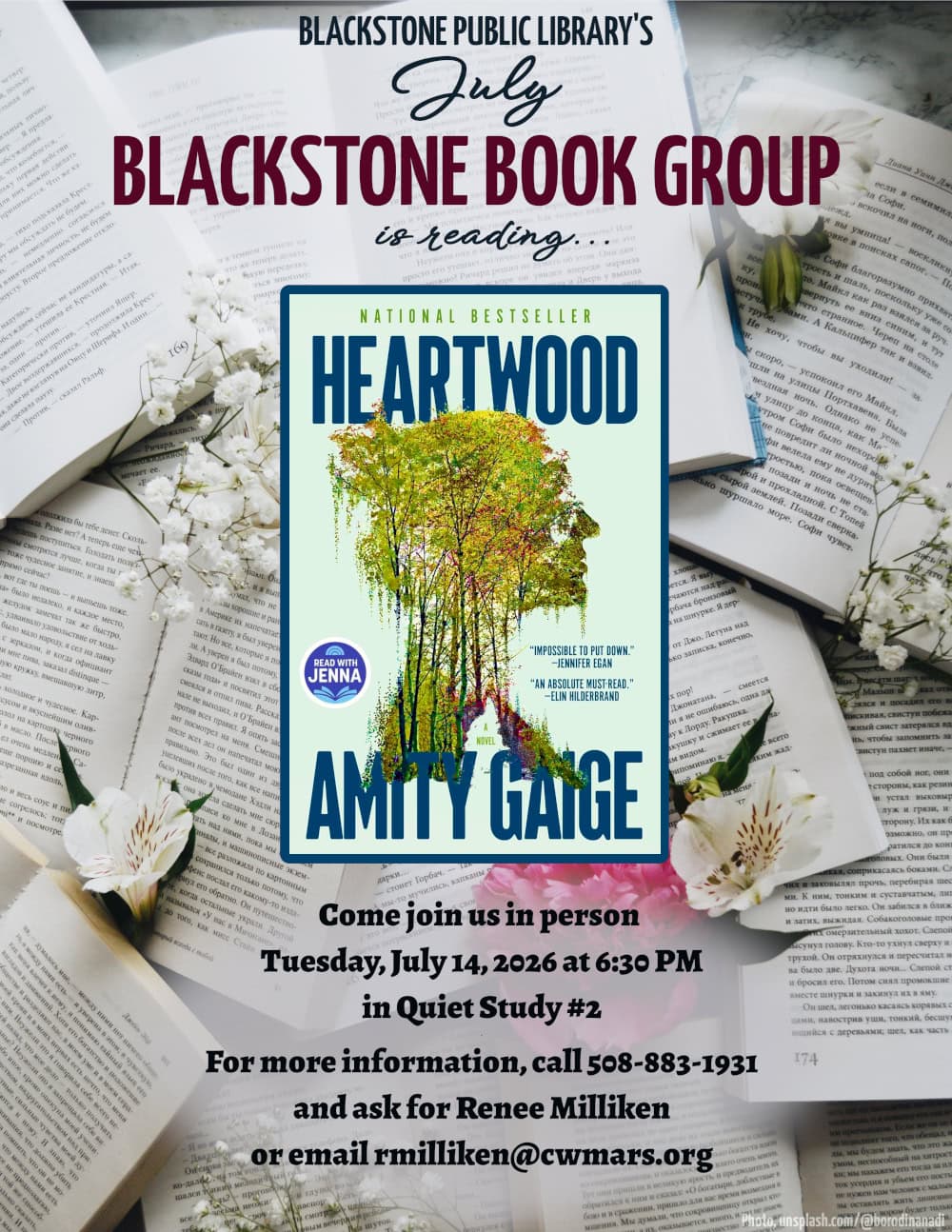 Blackstone Public Library’s July Blackstone Book Group is reading "Heartwood," a novel by Amity Gaige. Come join us in person Tuesday, July 14, 2026 at 6:30 PM in Quiet Study #2. For more information, call 508-883-1931 and ask for Renee Milliken or email rmilliken@cwmars.org. Image description: Book cover features an abstract silhouette of a woman from the shoulders up, created from dark trees and bright foliage in greens with hints of red and purple.