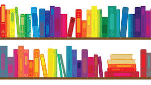 Colorful books arranged on two wooden shelves, with spines facing outward in a rainbow pattern; some books are stacked horizontally and most are standing upright. The background is white.