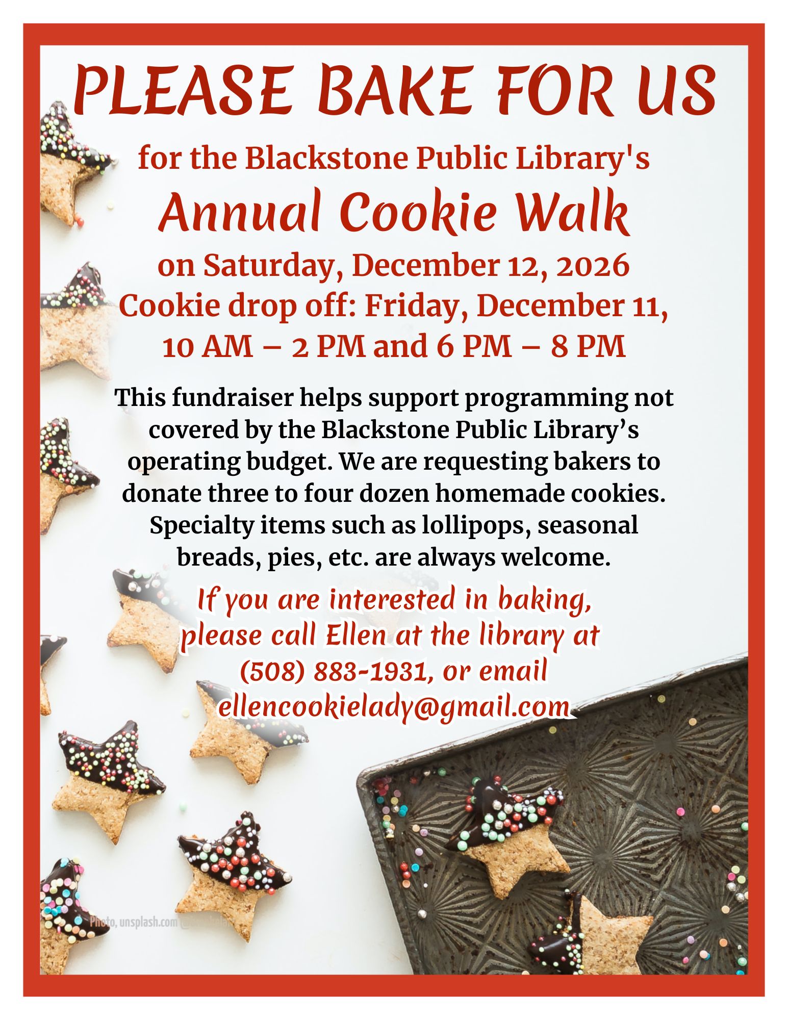 Cookie Walk Bakers Wanted! See PDF for details.