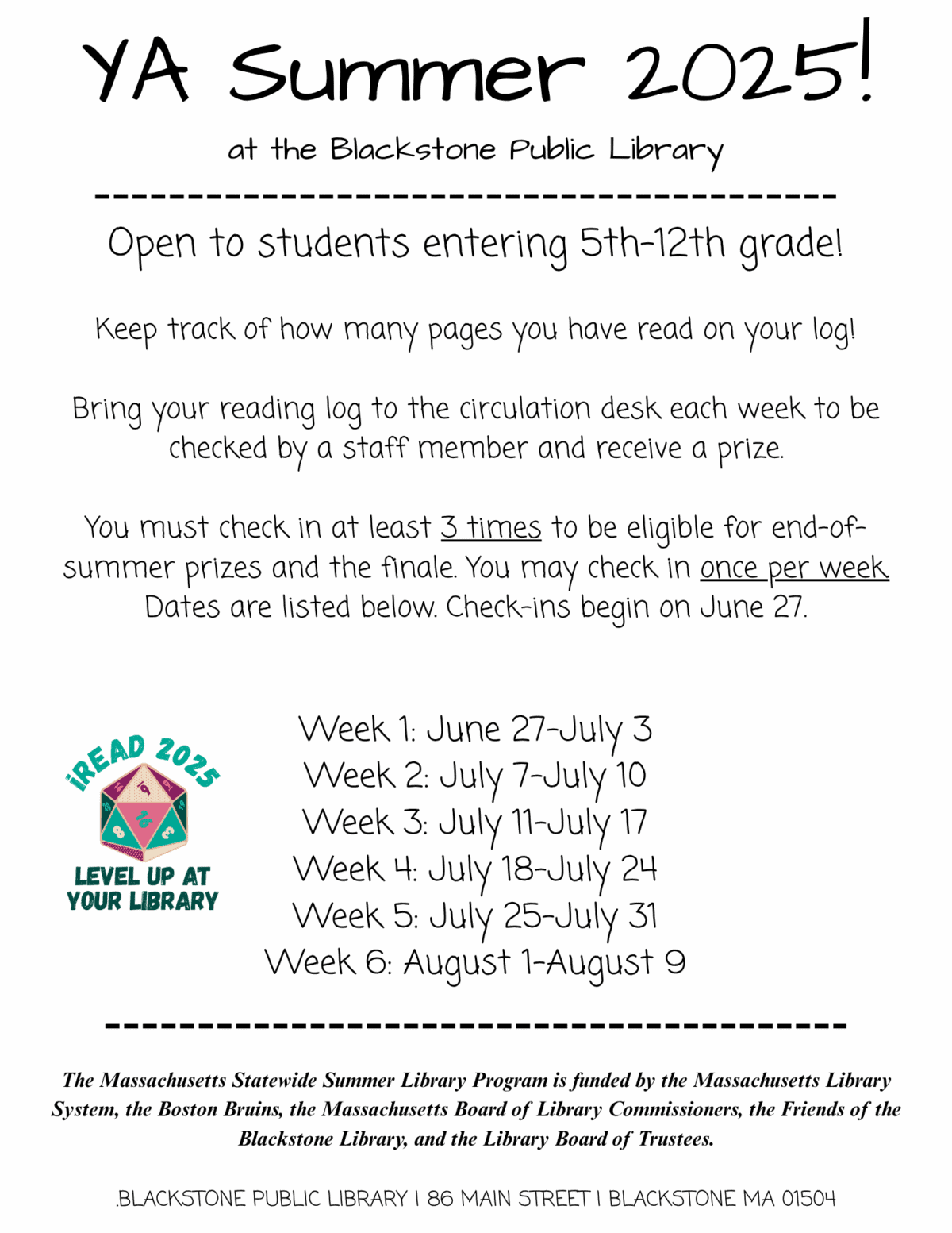 Flyer for YA Summer 2025! at Blackstone Public Library, detailing a summer reading program for students entering 5th–12th grade, with dates, check-in info, and a colorful iRead 2025 logo.