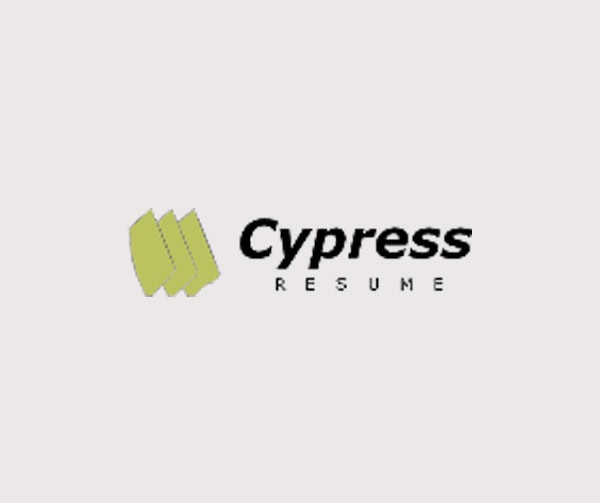 Logo for Cypress Resume featuring three overlapping green sheets on the left and the words Cypress Resume in bold black text on the right, all on a light gray background.