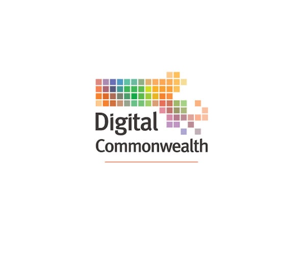 Logo for Digital Commonwealth featuring a pixelated, multicolored outline of Massachusetts above the words “Digital Commonwealth” in bold and regular fonts, with an orange line underneath.