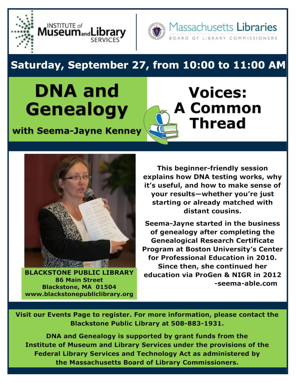 Flyer for a DNA and genealogy event titled “Voices: A Common Thread” with Seema-Jayne Kenney, held at Blackstone Public Library on September 27, featuring event details, library address, and sponsor logos.