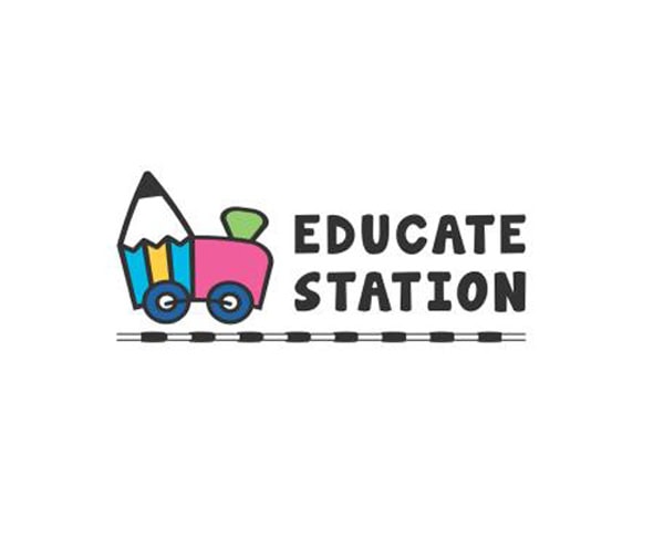 A cartoon train in pink and green with a pencil as the front, followed by the text EDUCATE STATION in bold black letters. A dashed black line runs underneath the text and train, resembling train tracks.
