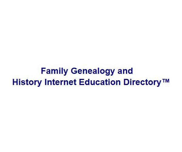 Text reads: Family Genealogy and History Internet Education Directory™ in blue, bold font on a plain white background.