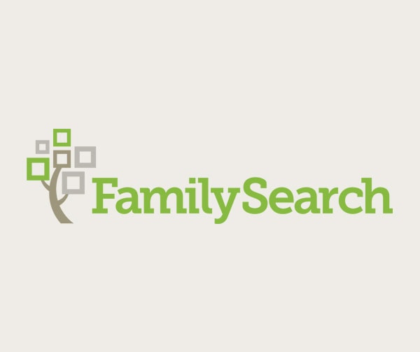 FamilySearch logo featuring a stylized tree with square leaves in green and gray, next to the words FamilySearch in green text.