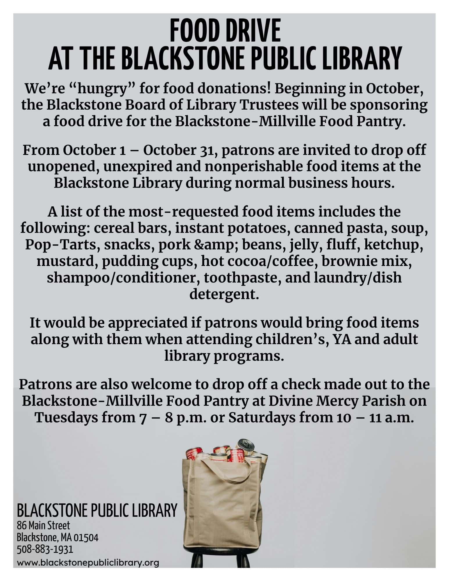 Food drive 2026 flyer. To read full text, view PDF. Flyer includes a photograph of a beige cloth grocery bag, full to the brim with canned goods, resting on a black stool.