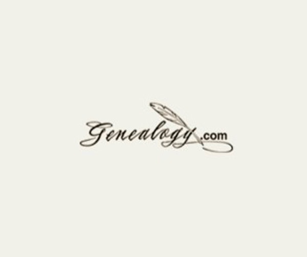The image shows the Genealogy.com logo in elegant script font, with a feather quill forming part of the letter y. The background is plain and light colored.