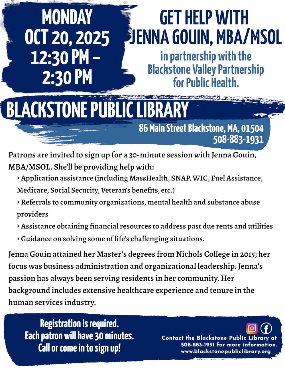 Flyer for a free 30-minute session with Jenna Gouin at Blackstone Public Library on Oct 20, 2025, 12:30–2:30 pm. Services include help with applications and resources. Registration is required.