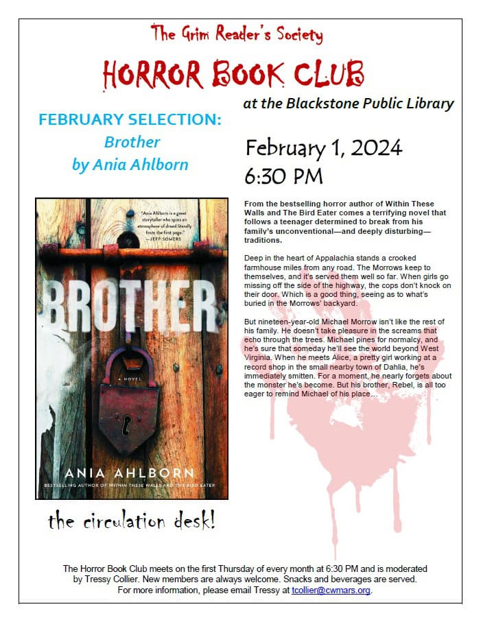 A flyer for The Grim Reader’s Society Horror Book Club, announcing the February selection “Brother” by Ania Ahlborn, with a book cover, event details, and a summary. The meeting is February 1, 2024, at 6:30 PM.
