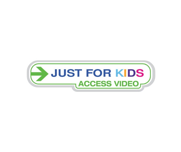 A button with a green arrow and the text JUST FOR KIDS in blue and pink, and ACCESS VIDEO in green on a white background outlined in green and gray.