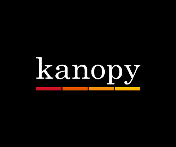 Kanopy logo on a black background with the word kanopy in white lowercase letters above horizontal bars in red, orange, and yellow shades.