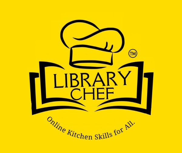 A logo with a chef’s hat above an open book. The text reads “Library Chef” and below, “Online Kitchen Skills for All.” The background is bright yellow.
