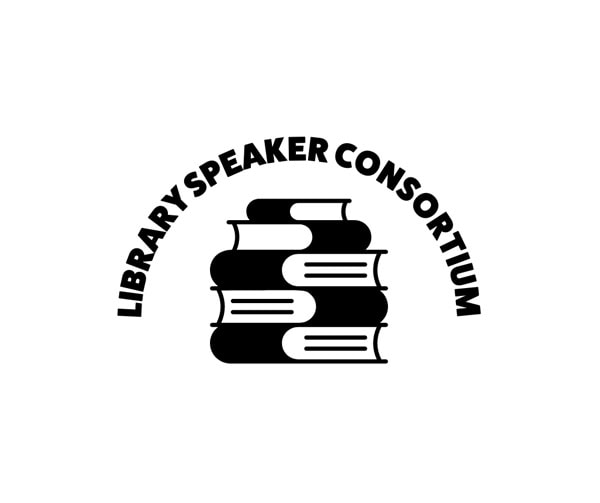 Logo with four stacked books in black and white. The words Library Speaker Consortium are curved above the books in bold, black capital letters on a white background.