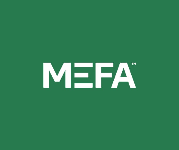 White text MEFA in bold capital letters on a solid green background. The middle horizontal lines of the E are separated, creating a distinct visual style.