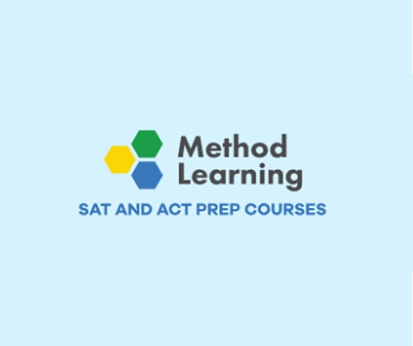 Logo for Method Learning with three hexagons in green, yellow, and blue, next to the text Method Learning and below it, SAT AND ACT PREP COURSES on a light blue background.