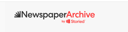 Logo for NewspaperArchive by Storied, with the words NewspaperArchive in black and red text and a small red book icon above the text by Storied.