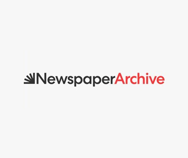 Logo for NewspaperArchive, featuring the words NewspaperArchive with Newspaper in black and Archive in red, alongside a black semi-circle with lines suggesting an archive or sunrise.