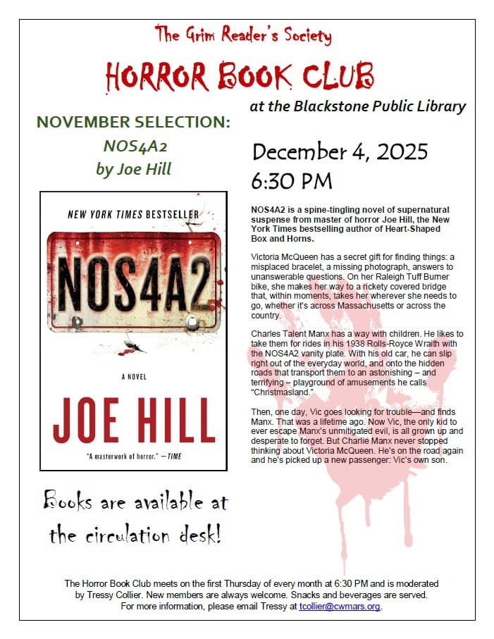 License plate with NOS4A2 written on it. Author Joe Hill. New York Times Bestseller. 
Horror Book Club meets on December 4, 2025 at 6:30 PM