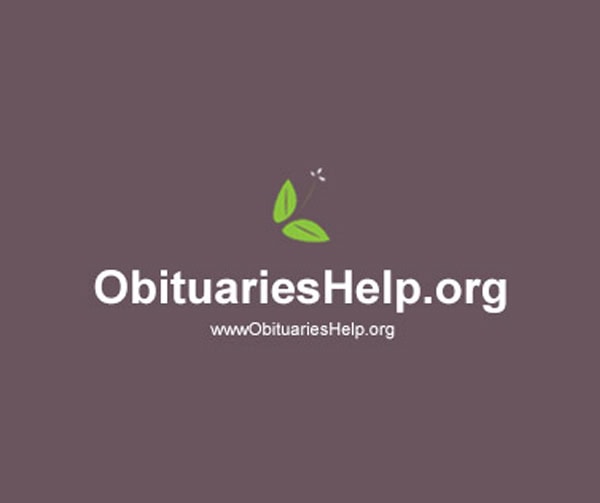 Logo for ObituariesHelp.org on a solid mauve background, featuring two green leaves and white text that reads ObituariesHelp.org with the website URL below.