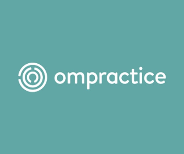 The image features the word ompractice in white lowercase letters next to a circular, abstract logo, all set against a teal background.