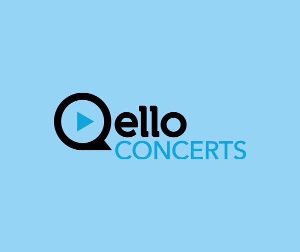 Logo for Qello Concerts with the word Qello in black; the Q contains a blue play button. CONCERTS is in blue capital letters on a light blue background.