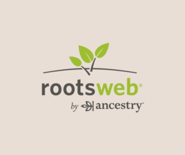 The RootsWeb logo features three green leaves above the text rootsweb by Ancestry on a light background, with web and Ancestry in green and the rest in gray.