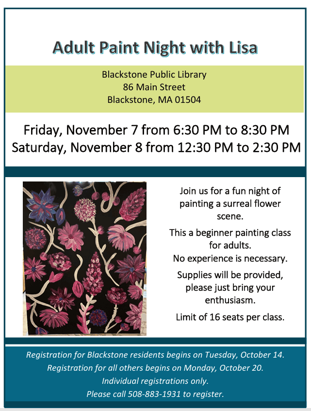 This is a photo of a canvas with surreal pink and magenta flowers with white stems and leaves. It is advertising an adult painting class.