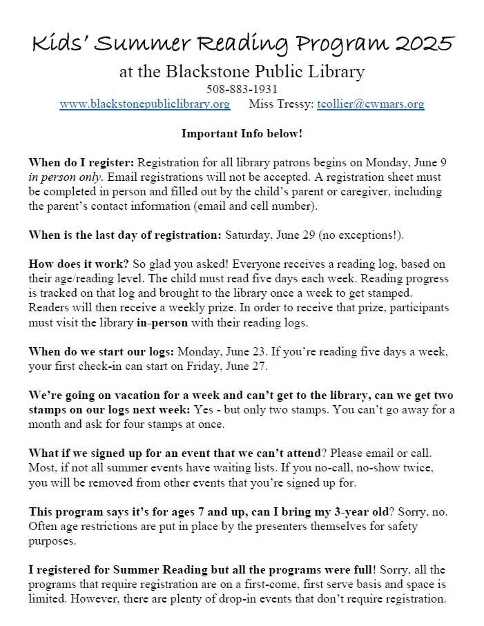 A flyer for the Kids’ Summer Reading Program 2025 at the Blackstone Public Library includes details on registration, event date, tracking reading, prizes, and rules about in-person sign-up, age, and adult summer reading options.