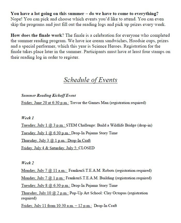 A flyer for a summer reading program with a list of events, including STEM and craft sessions, scheduled by date and time. The flyer mentions a finale event and describes the program’s flexible participation.