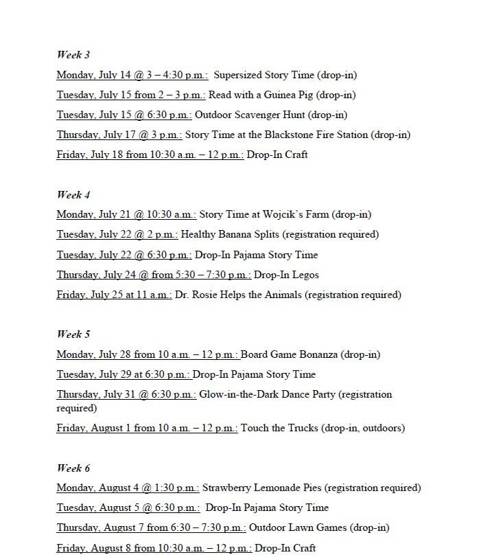 A schedule listing library events for Weeks 3-6 in July and August, with activities like Story Time, Read with a Guinea Pig, Craft, Healthy Banana Splits, Pajama Story Time, and more, each with dates and times.
