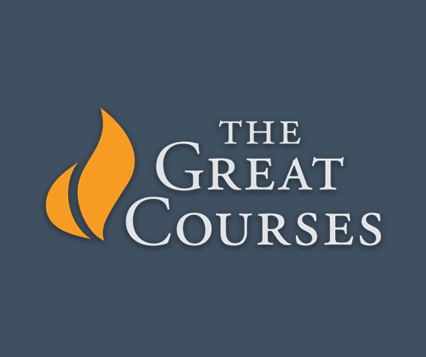 The Great Courses logo features orange flame-like shapes on the left and the words “THE GREAT COURSES” in white capital letters on a dark blue background.