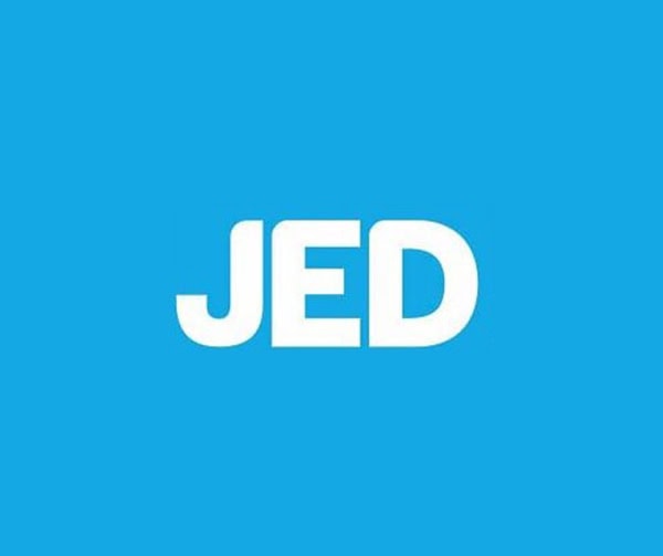 White, bold capital letters spelling JED are centered on a solid bright blue background.