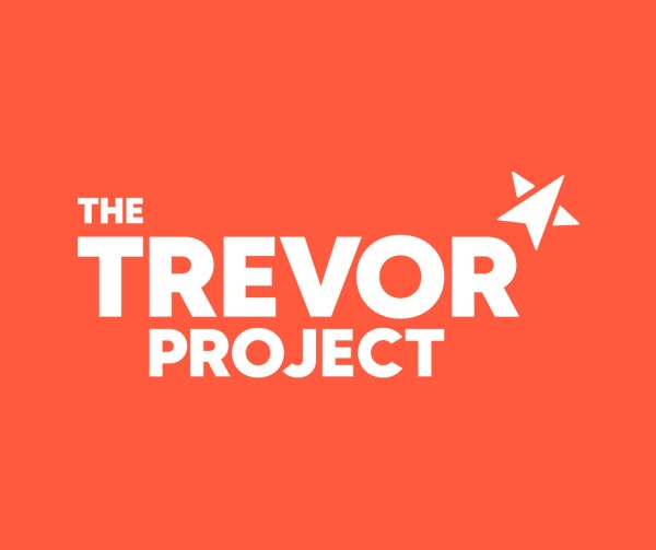 White text reads “The Trevor Project” on an orange background, with a white paper airplane graphic above and to the right of the word Trevor.
