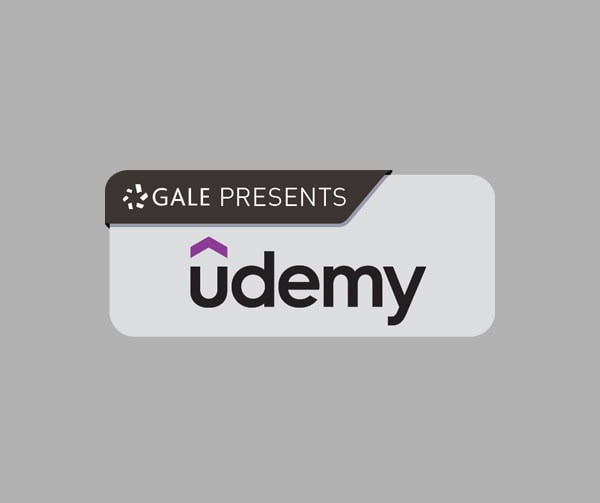 A logo with the text “GALE PRESENTS” above the Udemy logo, which features “udemy” in black lowercase letters with a purple accent over the “u,” on a light gray background.