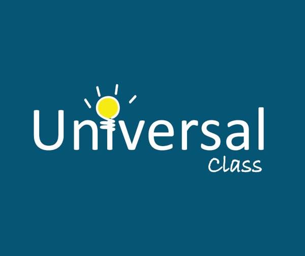 Logo for Universal Class with a blue background. The i in Universal is topped with a yellow light bulb icon, symbolizing an idea, with light rays around it. Class is written in script font to the lower right.