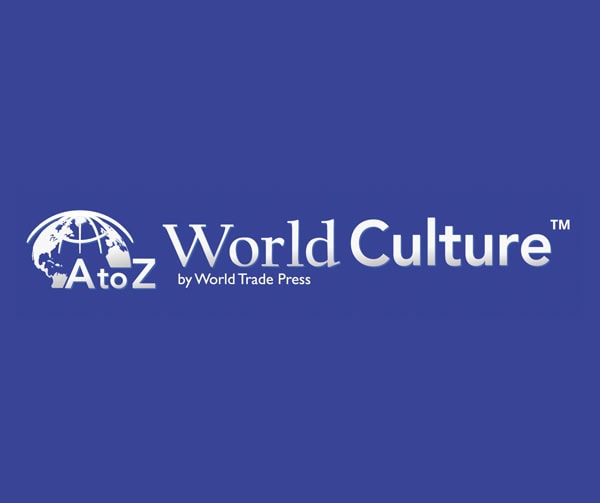 Logo for AtoZ World Culture by World Trade Press, featuring a globe graphic and white text on a solid blue background.