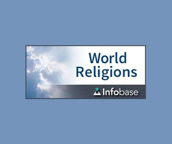 A banner with the words “World Religions” and the Infobase logo, set against a background of clouds and blue sky.