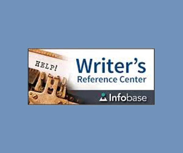 A typewriter with a paper reading HELP! next to the text Writers Reference Center and the Infobase logo, all on a blue background.
