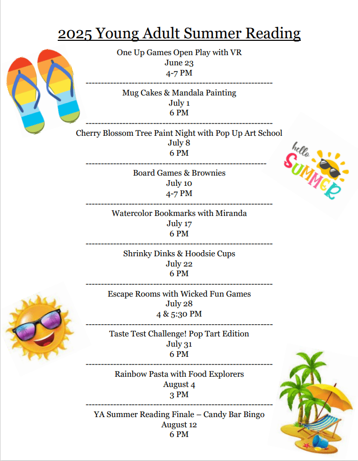 A colorful summer reading event flyer lists activities like VR games, painting, crafts, escape rooms, and more for young adults, with playful beach-themed graphics such as flip-flops, sun, and palm trees.